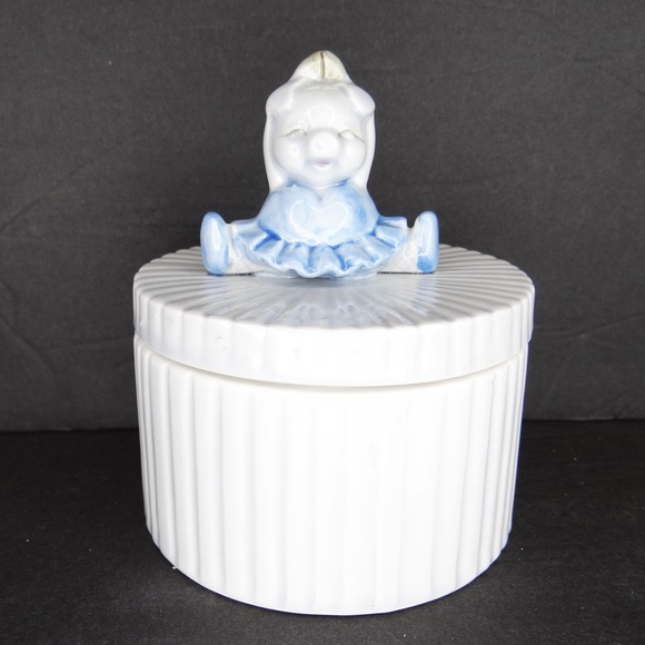 Vintage Fitz And Floyd Pig In Blue Tutu Round Trinket Box - Picture 1 of 8